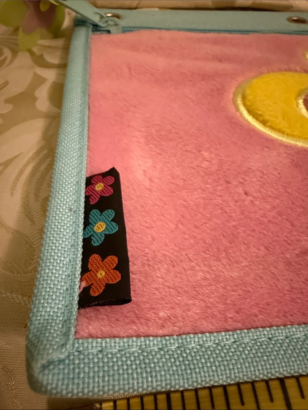 Kids Pink Floral Zip Pouch with Light Blue Trim